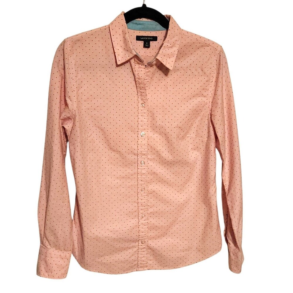 Lands End Shirt Long Sleeves Pink w/ Blue Polka Dot Cotton Womens Size 6 Preppy